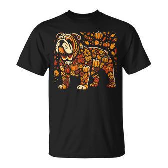 Autumn Pumpkin Fall English Bulldog Thanksgiving Womens Mens T-shirt - Monsterry