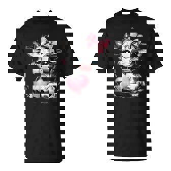 Awesome Black & White Cow Holding Heart Pink Coquette Bow T-Shirt - Thegiftio