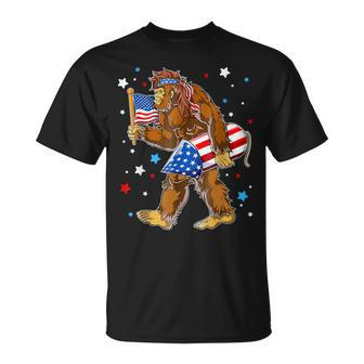 Bigfoot 4Th Of July Usa Flag Fireworks T-Shirt - Monsterry