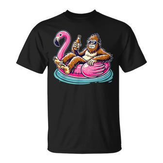 Bigfoot Chilling On Flamingo Float With Beer Fun Summer Vibe T-Shirt - Monsterry CA