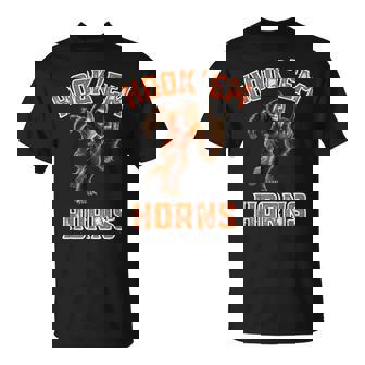 Bigfoot Running With His Horns Up And It Says Hook'em Horns T-Shirt - Monsterry