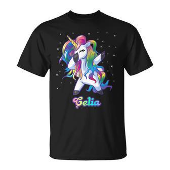 Celia Dabbing Licorne Arc-En-Ciel Nom Personnalisé T-Shirt - Cadeauxyz