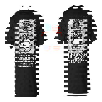 Childless Cat Lady 2024 Groovy Messy Bun American Flag T-Shirt | Seseable CA