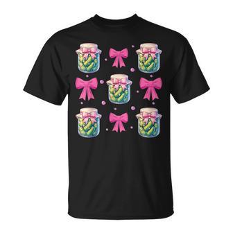 Coquette Pickle Canned Pickle Lover Cherry Pink Bow T-Shirt - Monsterry