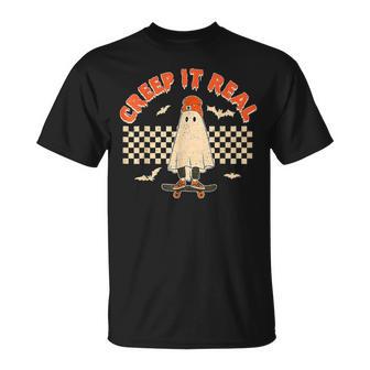 Creep It Real Skateboarding Ghost Retro Halloween Costume T-Shirt - Monsterry