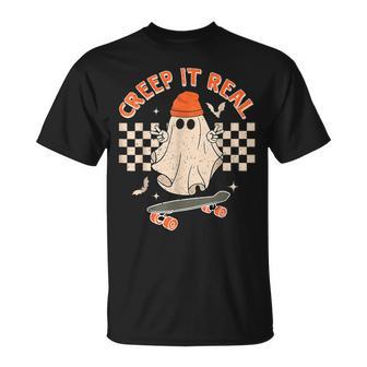 Creep It Real Skateboarding Ghost Retro Halloween Costume T-Shirt - Monsterry