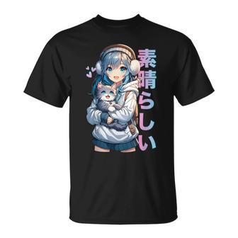 Cute Anime Girl With A Cat For Cat Lover Kawaii Otaku Manga T-Shirt | Seseable UK