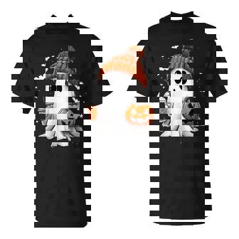 Cute Ghost Drinking Coffee Halloween Ghost Ice Coffee Womens T-Shirt - Seseable