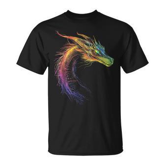 Drachen-Zeichnung Buntes Tier-Kunstwerk Fantasy-Drache T-Shirt - Seseable