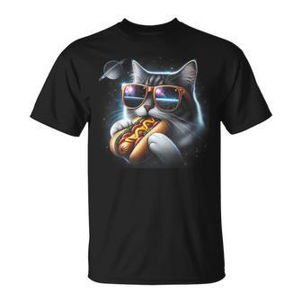 Cat Eating Hotdog In Space Kitty Space Galaxy T-Shirt - Monsterry