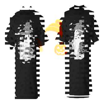 Ghost With Coffee Beanie And Pumpkin Halloween Costume T-Shirt - Thegiftio UK