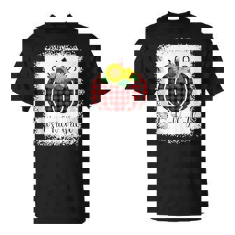 It's Fall Y'all Halloween Bleached Red Pumpkin Buffalo Plaid T-Shirt - Monsterry