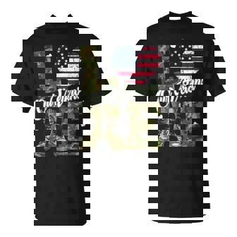 Love Our Veterans Heart Usa Flag Camouflage Army Boots Proud T-Shirt - Thegiftio UK