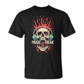 Music Freak Skull Headphones Cool Music Lover Graphic T-Shirt - Monsterry