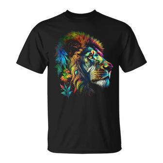 Oeuvre De Portrait De Lion Motif De Fleurs Animales Colorées Lion T-Shirt - Cadeauxyz