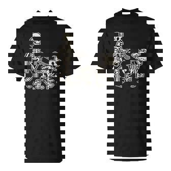 Skeleton With Dog Walking Halloween Costume Skull T-Shirt - Monsterry