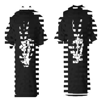 Skeleton Hand Peace Sign Bone Halloween Pocket Skeleton T-Shirt - Monsterry