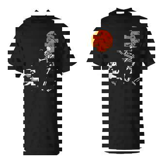 Spooky Humor Halloween Skeleton Chasing Dog T-shirt - Monsterry