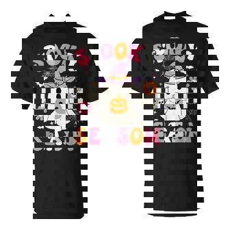 Spooky Season Ghost Holding Pumpkin Groovy Halloween Ghost T-Shirt - Thegiftio UK