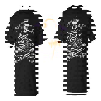 Spooky Skeleton Playing Video Games Halloween Day Gamer T-Shirt - Monsterry