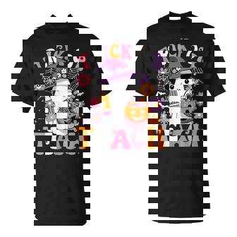 Trick Or Teach Groovy Teacher Ghost Halloween Teacher T-Shirt - Thegiftio UK