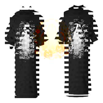 Vintage Floral Ghost Halloween Ghost Pumpkin Jack-O-Lantern T-Shirt - Monsterry