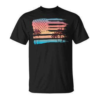 Vintage Tropical Summer-Holiday And Usa Flag Beach Palm Tree T-Shirt - Monsterry CA