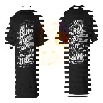 Witchy Humor Running Halloween Broomstick Vintage Fun T-Shirt | Seseable UK