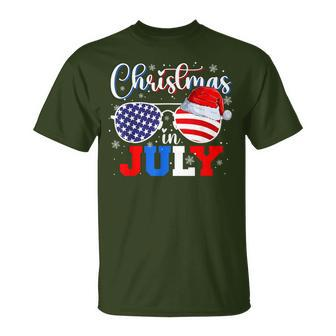 Christmas In July Santa Hat Sunglasses Usa Flag 4Th Of July T-Shirt - Monsterry DE