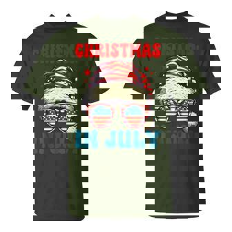 Christmas In July Santa Hat Sunglasses Usa Flag 4Th Of July T-Shirt - Monsterry