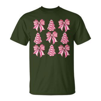 Pink Christmas Tree Cake Trendy Coquette Bow Christmas Women T-Shirt - Thegiftio