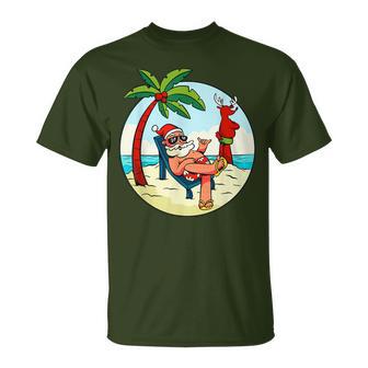 Santa Claus Reindeer Beach Swimming Trunks Palm Trees Christmas T-Shirt - Geschenkecke