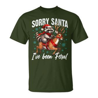 Sorry Santa I've Been Feral Cute Raccoon Christmas Santa Hat T-Shirt - Thegiftio UK