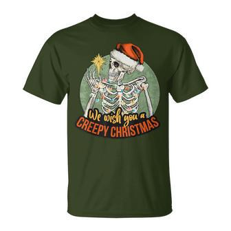 We Wish You A Creepy Christmas Pajama Skeleton X-Mas T-Shirt - Monsterry