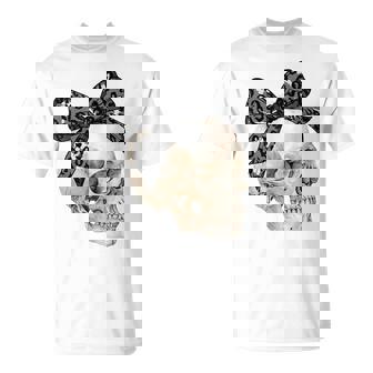Coquette Bow Spooky Season Skeleton Skull Horror Halloween T-Shirt - Seseable