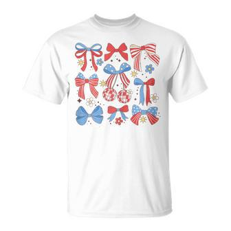 Coquette Red White & Blue Patriotic Bows Retro July 4Th T-Shirt - Monsterry DE