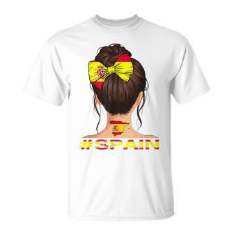 Espagnol Girl Chignon Désordonné Avec Drapeau Espagnol T-Shirt - Cadeauxyz