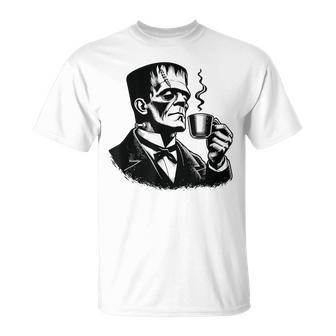 Frankenstein Coffee Drinker Horror And Caffeine Lovers Gray T-Shirt - Geschenkecke