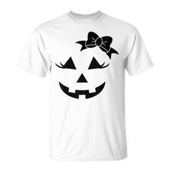 Fun Jack O Lantern Pumpkin Face Eyelashes Bow Halloween Girl T-Shirt - Thegiftio UK
