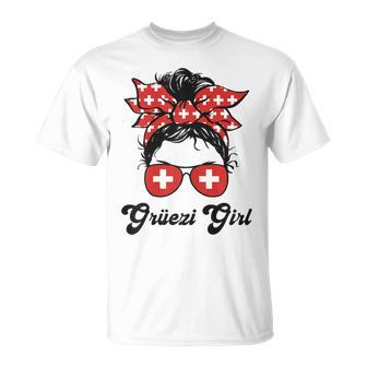 Grüezi Girls' Switzerland Flag Messy Bun Switzerland Women's Blue T-Shirt - Geschenkecke