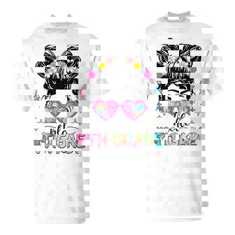 Hello 4Th Grade Messy Bun Girl Back To School First Day T-Shirt - Seseable