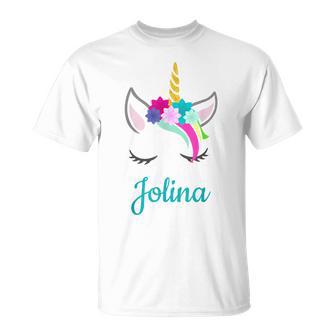 Jolina Name Geschenk Colourful Unicorn Jolina T-Shirt - Geschenkecke