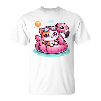 Kitten Cat Pink Flamingo Summer Vibes Beach Lover Cute Girls T-Shirt - Monsterry UK