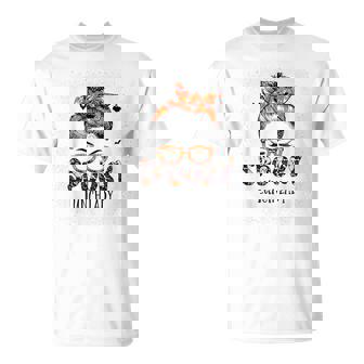 Messy Bun Spooky Lunch Lady Bleached Halloween Pumpkin T-Shirt - Monsterry