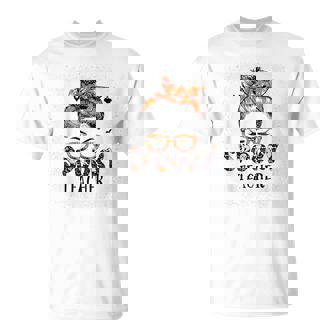 Messy Bun Spooky Teacher Bleached Halloween Pumpkin T-Shirt - Monsterry