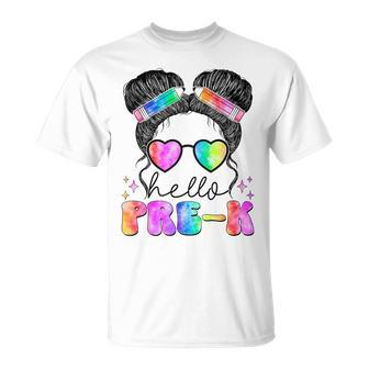 Messy Hair Bun Girl Back To School First Day Hello Pre K T-Shirt - Monsterry CA