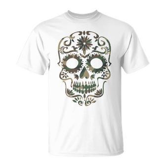 Military Camouflage Camo Dia De Los Muertos Sugar Skull T-Shirt - Geschenkecke