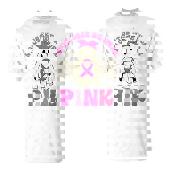 October We Wear Pink Halloween Ghost Breast Cancer Awareness T-Shirt - Seseable