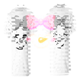 Pink Bow Snowman For Girls Cute Snowgirl Face Christmas T-Shirt - Seseable