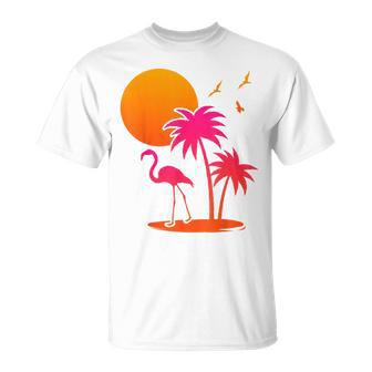 Pink Flamingo Summer Vibes Palm Trees Tropical Summer T-Shirt - Monsterry